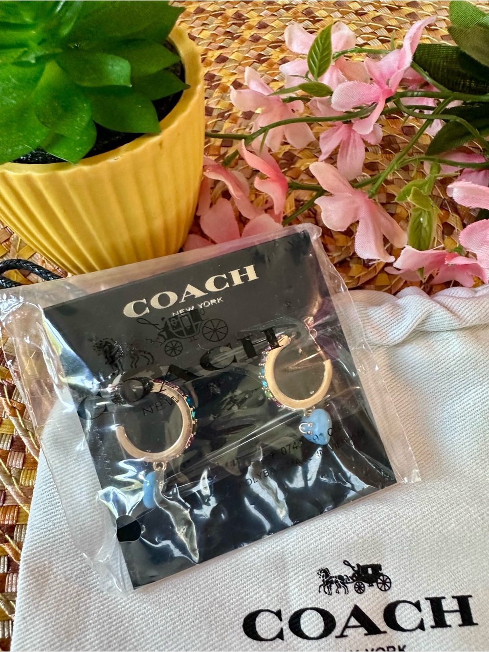 Coach Gold Hoop Earrings with Light Blue Heart Charms
